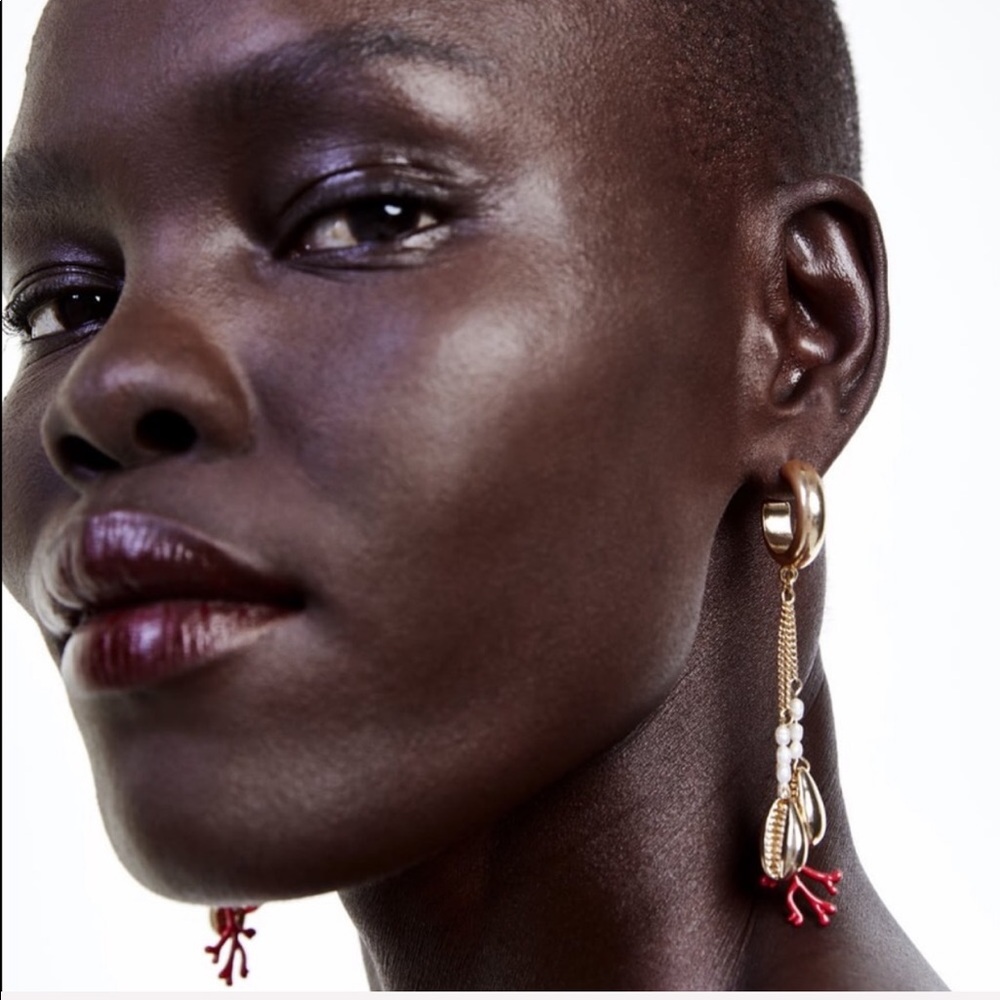 Zara pearl beaded earrings hoop chain gold red